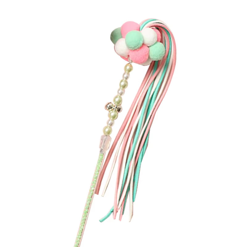 Cat Teaser Wand Beaded Kitten Teaser Stick Cat Interactive Toy Colorful Pet Tassel Wand with Pompom and Bell Pet Supplies