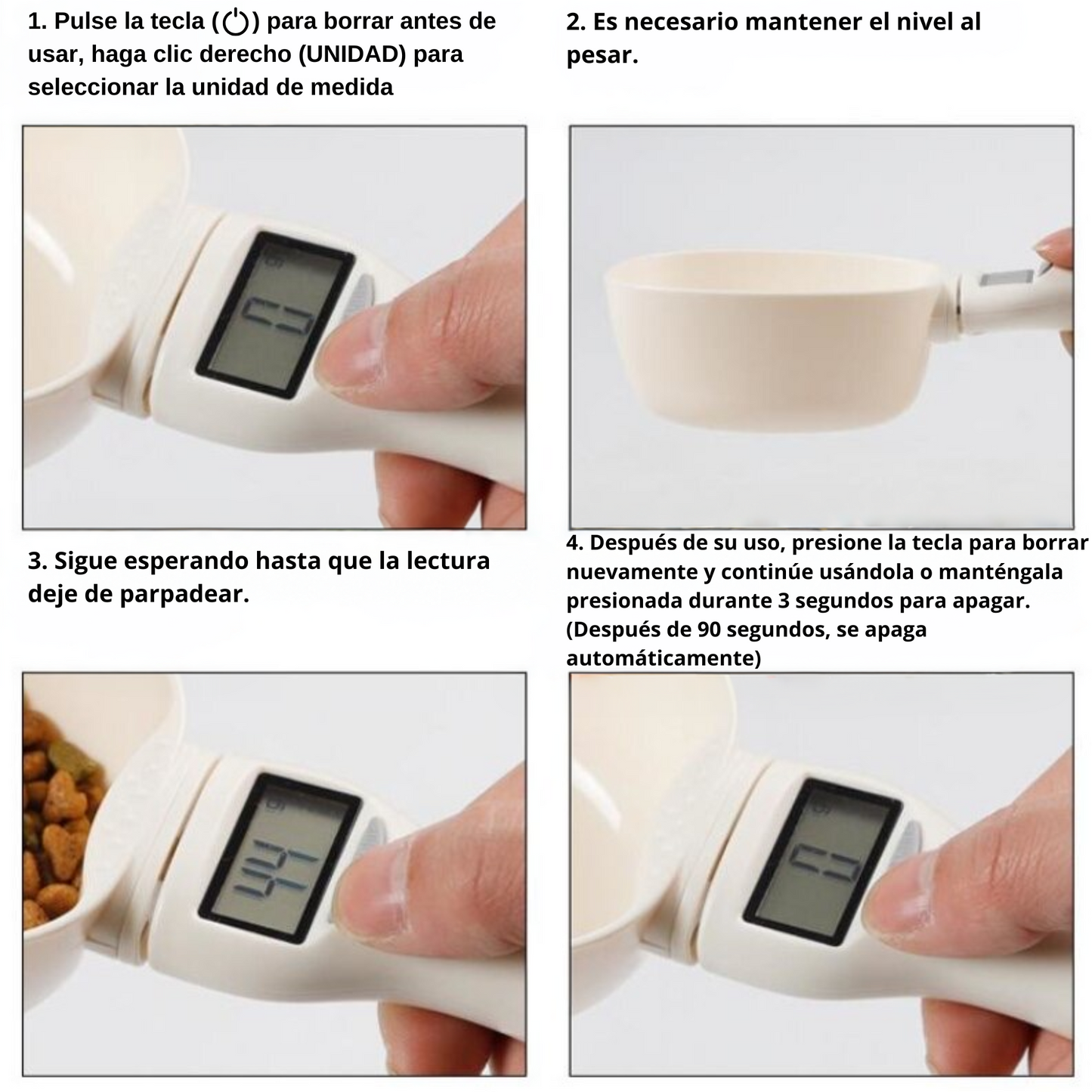 Descripción de uso del medidor de alimentos para mascotas