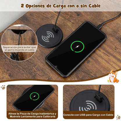 Casa Interior Para Perros Pequeños Mesa Auxiliar Decorativa Con Carga Inalámbrica Y Con Cable 50 X 64 X 63 Cm Marrón Rústico