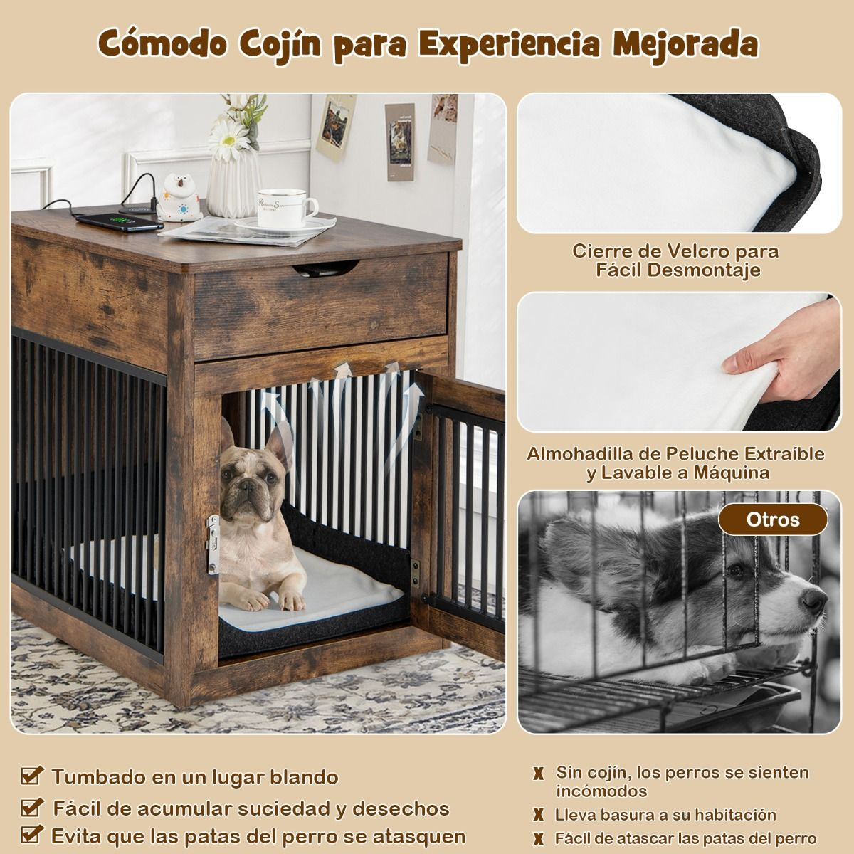 Casa Interior Para Perros Pequeños Mesa Auxiliar Decorativa Con Carga Inalámbrica Y Con Cable 50 X 64 X 63 Cm Marrón Rústico