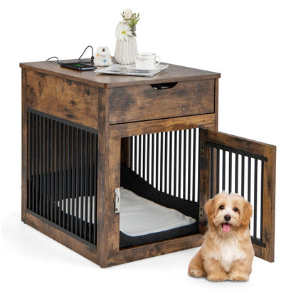 Casa Interior Para Perros Pequeños Mesa Auxiliar Decorativa Con Carga Inalámbrica Y Con Cable 50 X 64 X 63 Cm Marrón Rústico