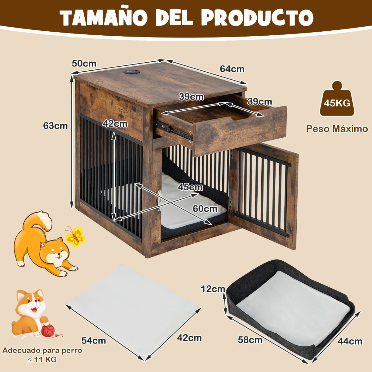 Casa Interior Para Perros Pequeños Mesa Auxiliar Decorativa Con Carga Inalámbrica Y Con Cable 50 X 64 X 63 Cm Marrón Rústico